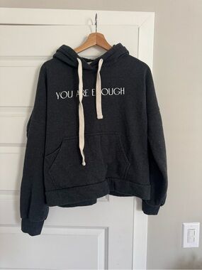 Zenana Outfitters Gray Hoodie with Cream Drawstrings